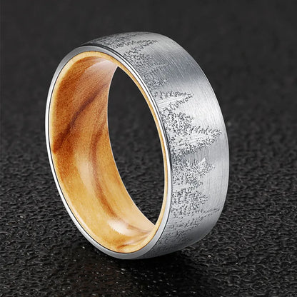 Nature's Symphony: MGS 8mm Tungsten Steel Ring with Laser Forest Pattern and Solid Wood Inner in Black Steel - Man Gifts Shop