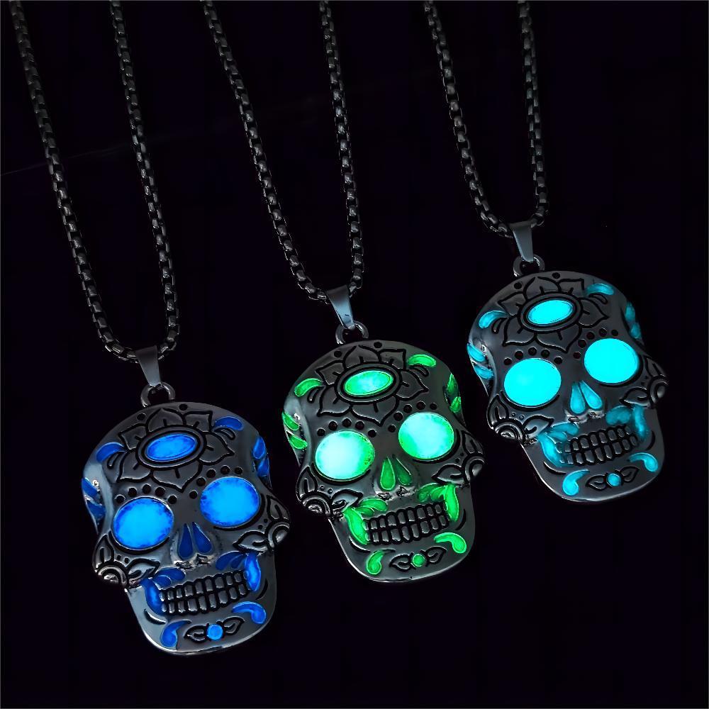 Luminous Skull Necklace with Day of the Dead Design – Halloween Glow Jewelry