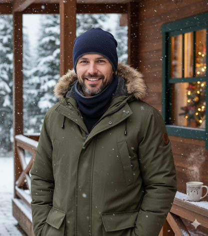 Conjunto de gorro y calentador de cuello de invierno de punto cepillado para hombre: suave, acolchado y elegante para el frío. 