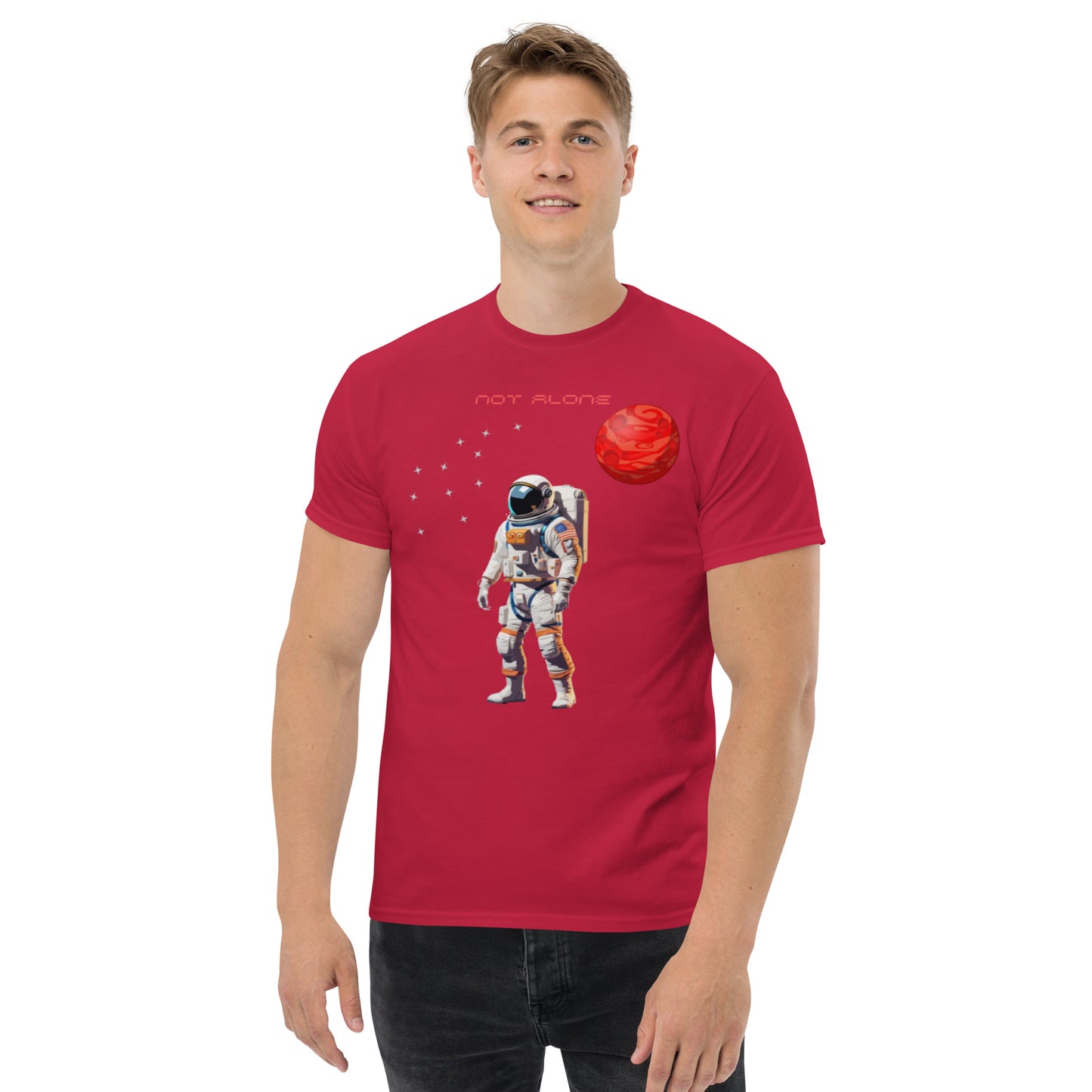 High quality men's classic tee with astronaut Not Alone - Man Gifts Shop