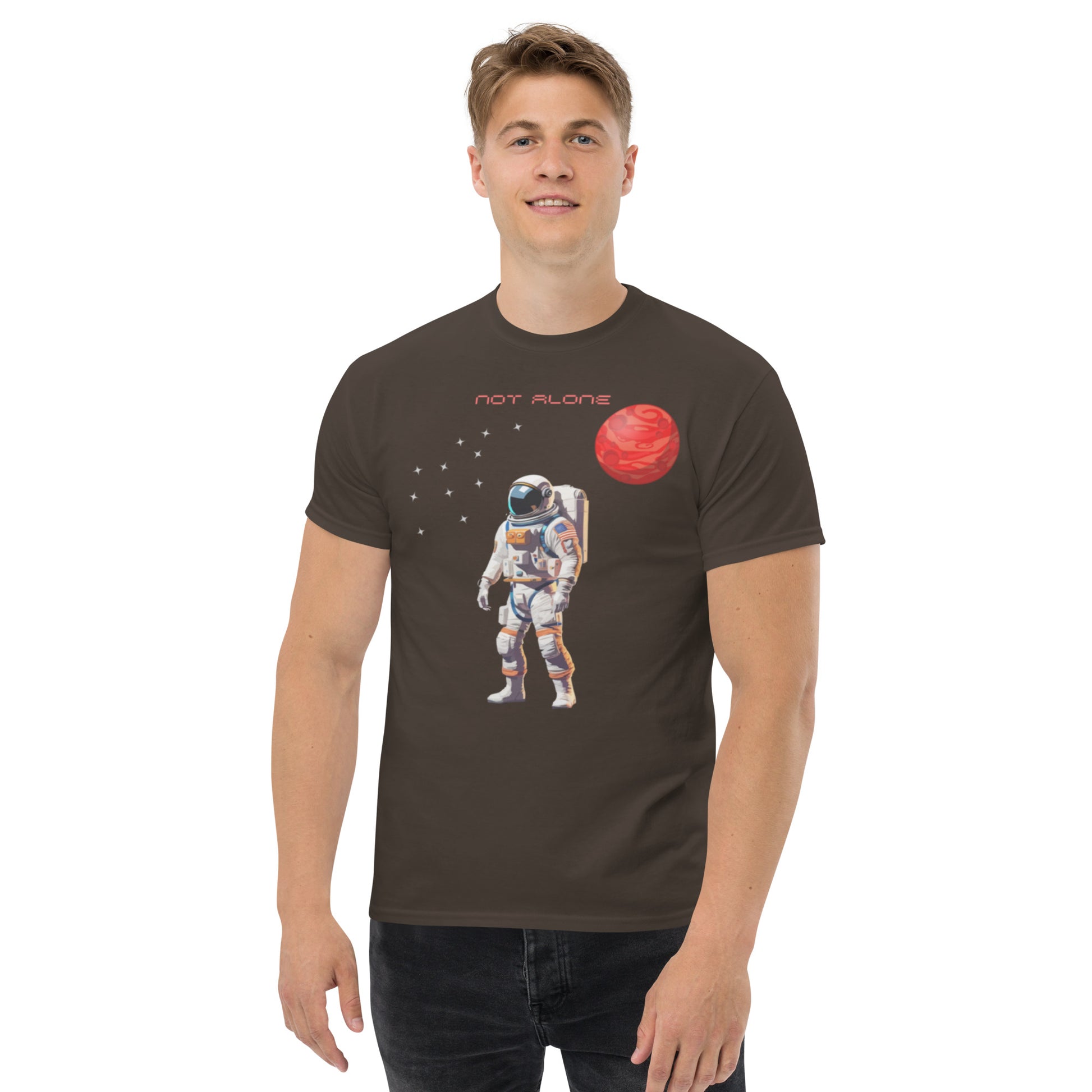 High quality men's classic tee with astronaut Not Alone - Man Gifts Shop