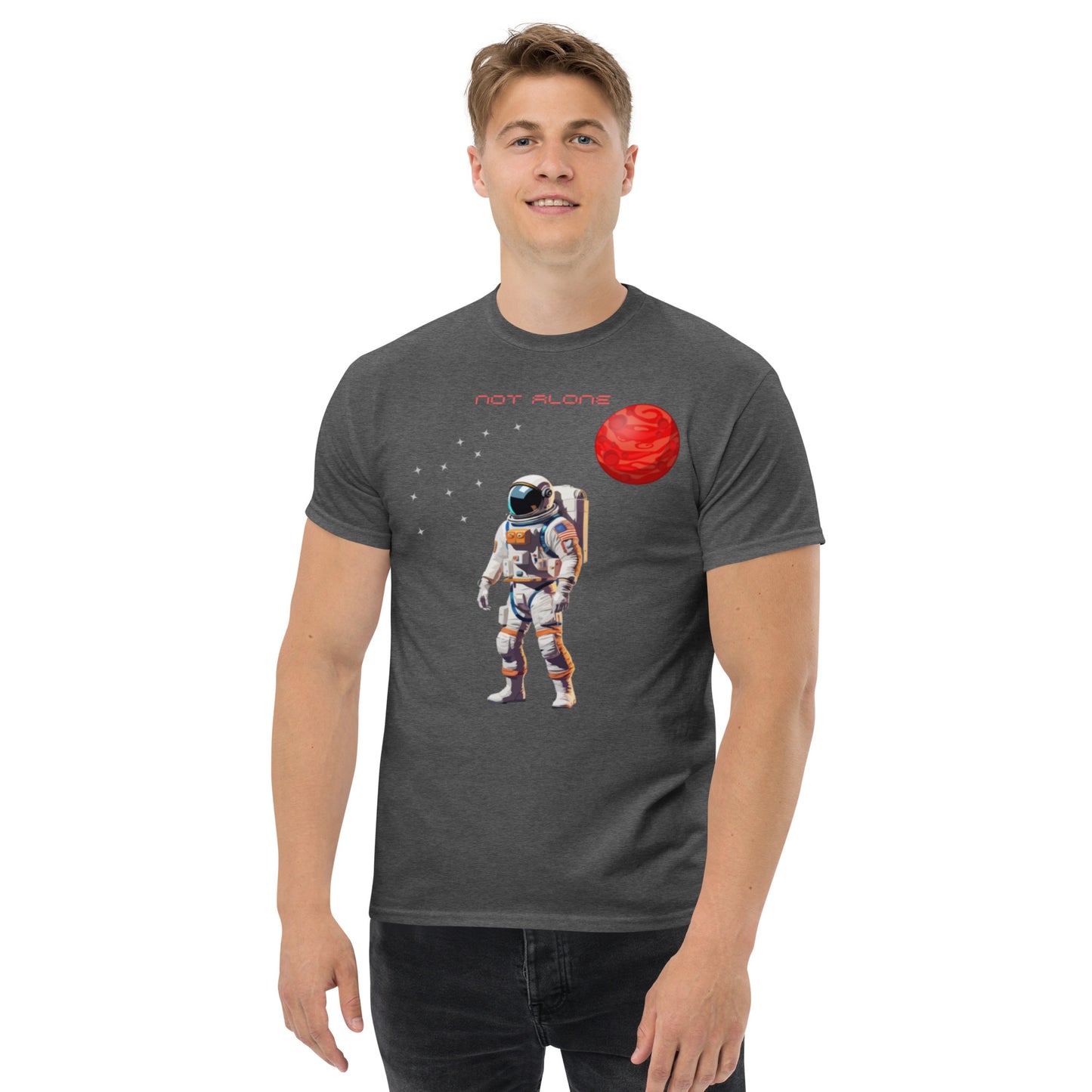 High quality men's classic tee with astronaut Not Alone - Man Gifts Shop