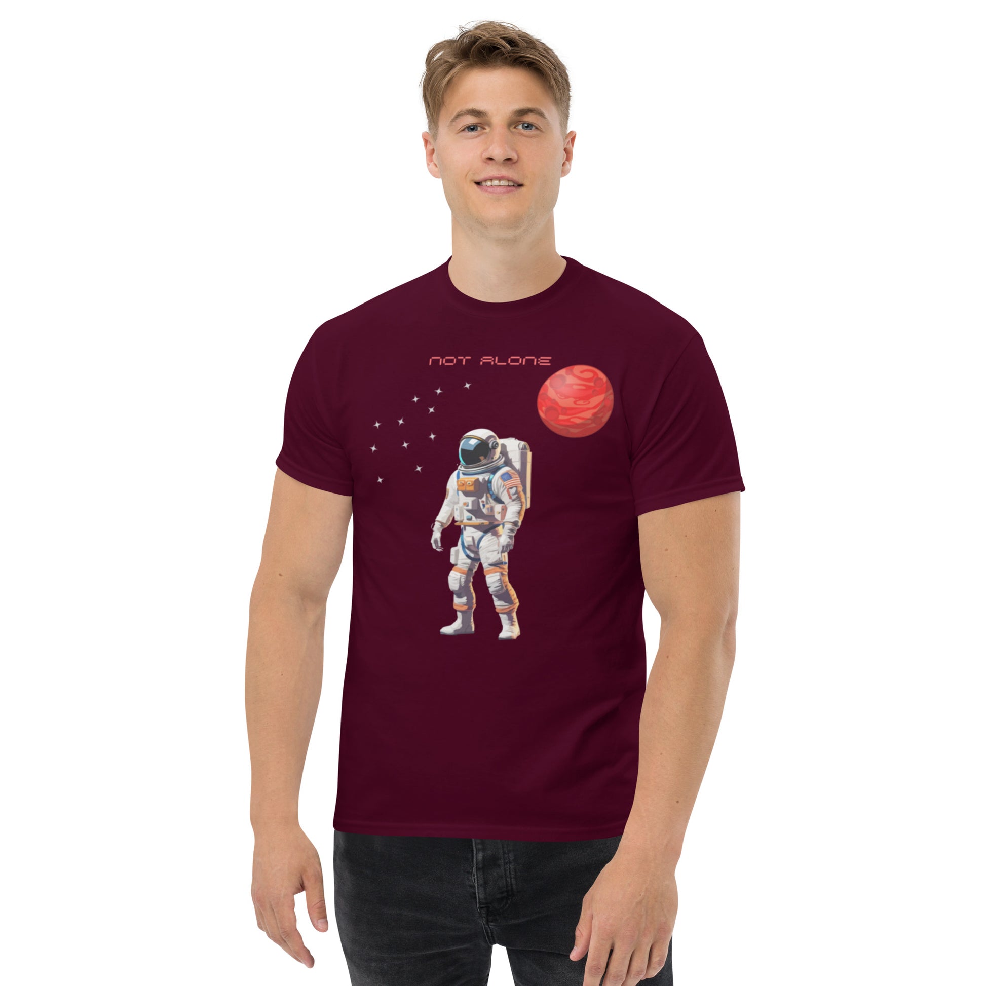 High quality men's classic tee with astronaut Not Alone - Man Gifts Shop