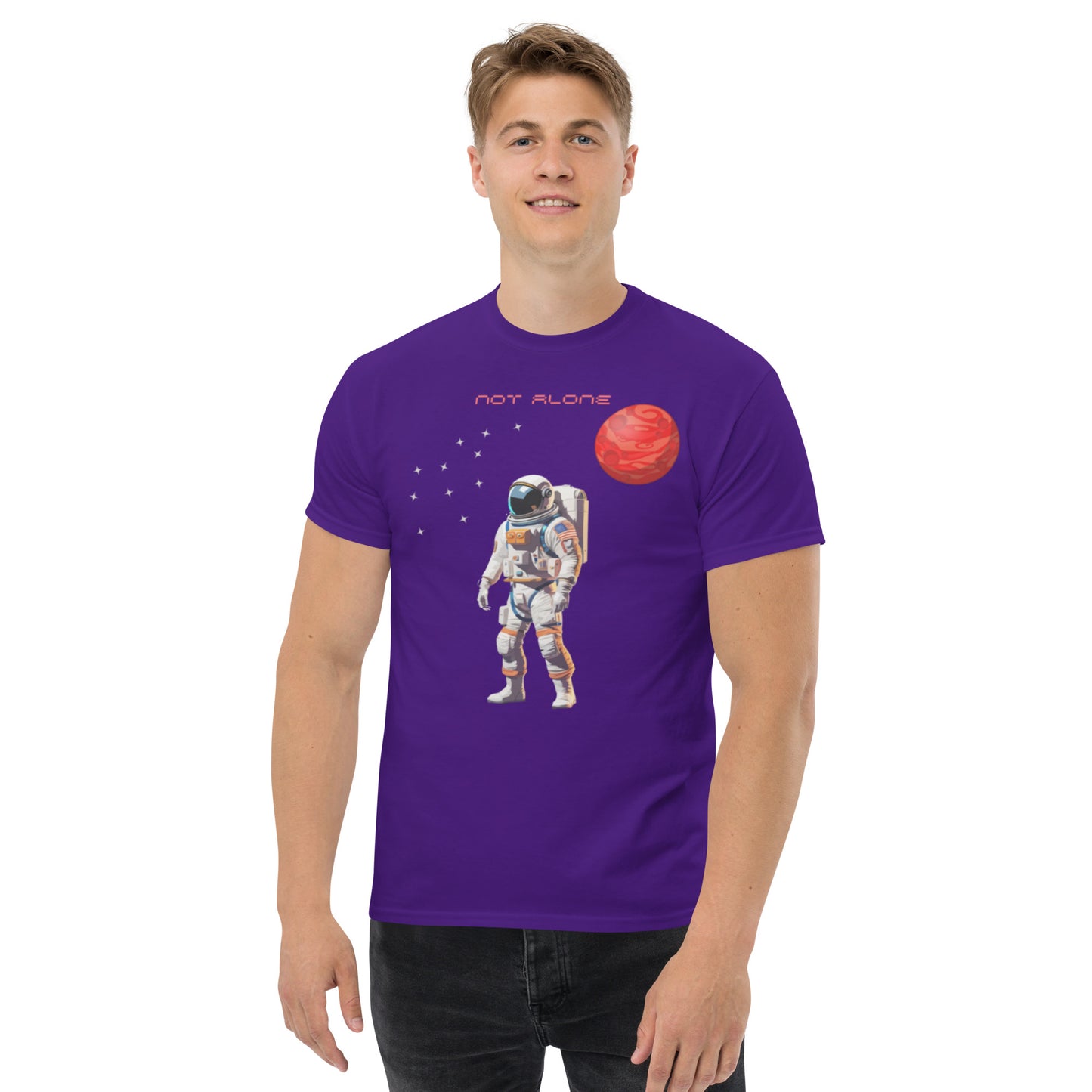 High quality men's classic tee with astronaut Not Alone - Man Gifts Shop