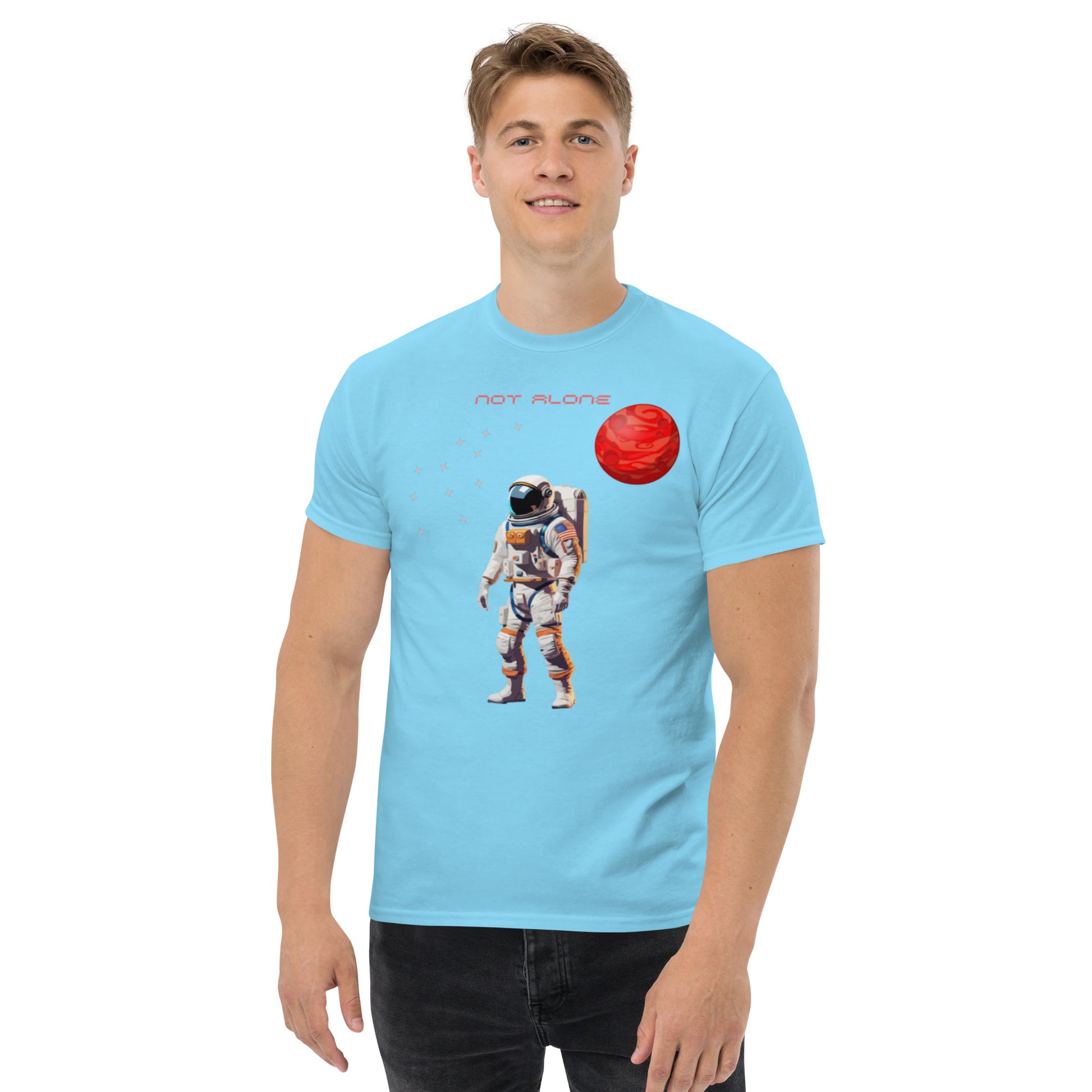 High quality men's classic tee with astronaut Not Alone - Man Gifts Shop