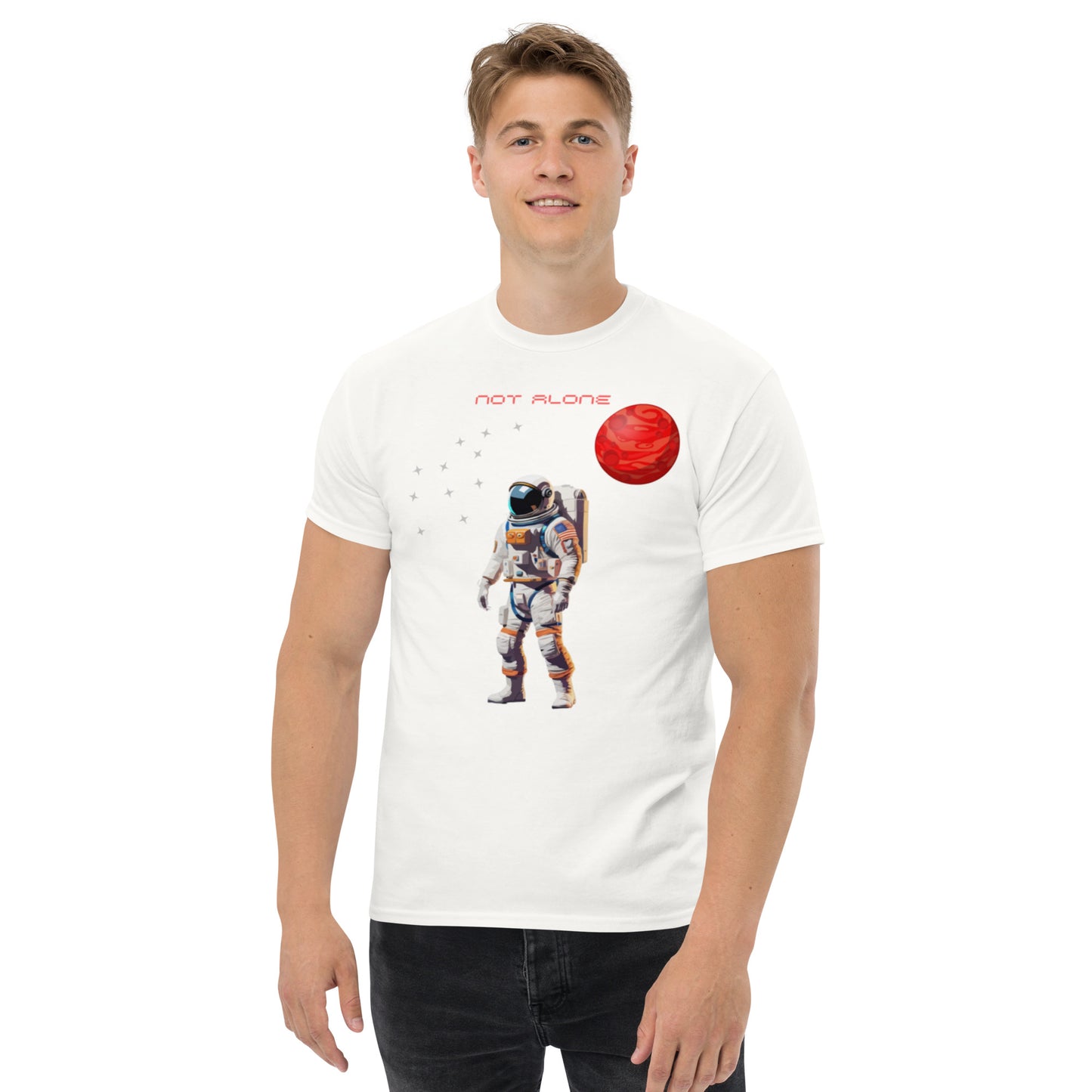 High quality men's classic tee with astronaut Not Alone - Man Gifts Shop