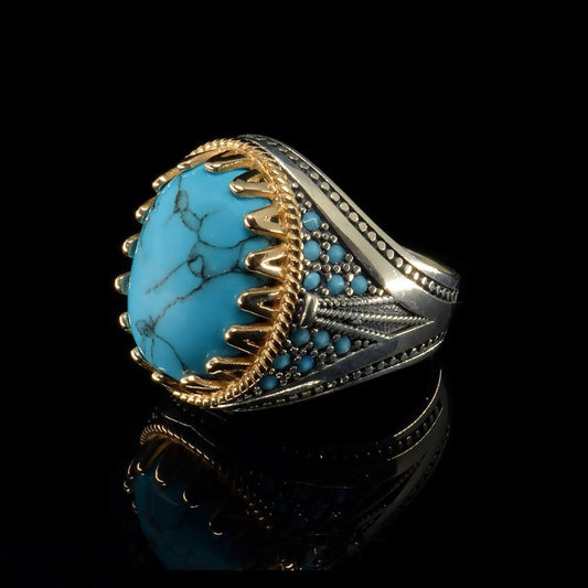 MGS Vintage Men's Electroplating Two-Color Inlaid Turquoise Ring - Man Gifts Shop